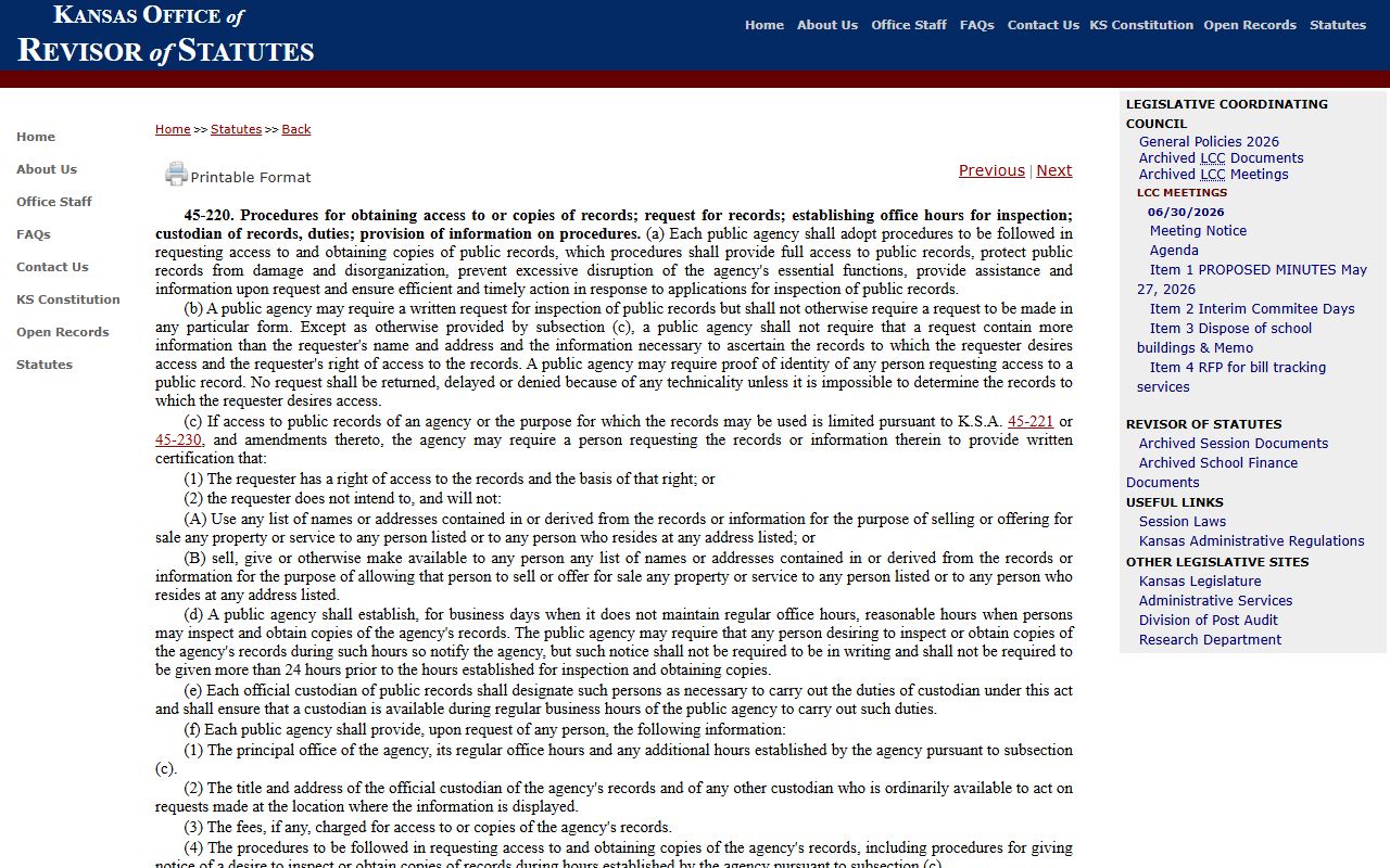Scott County Clerk of the District Court K.S.A. 45-220 records procedures