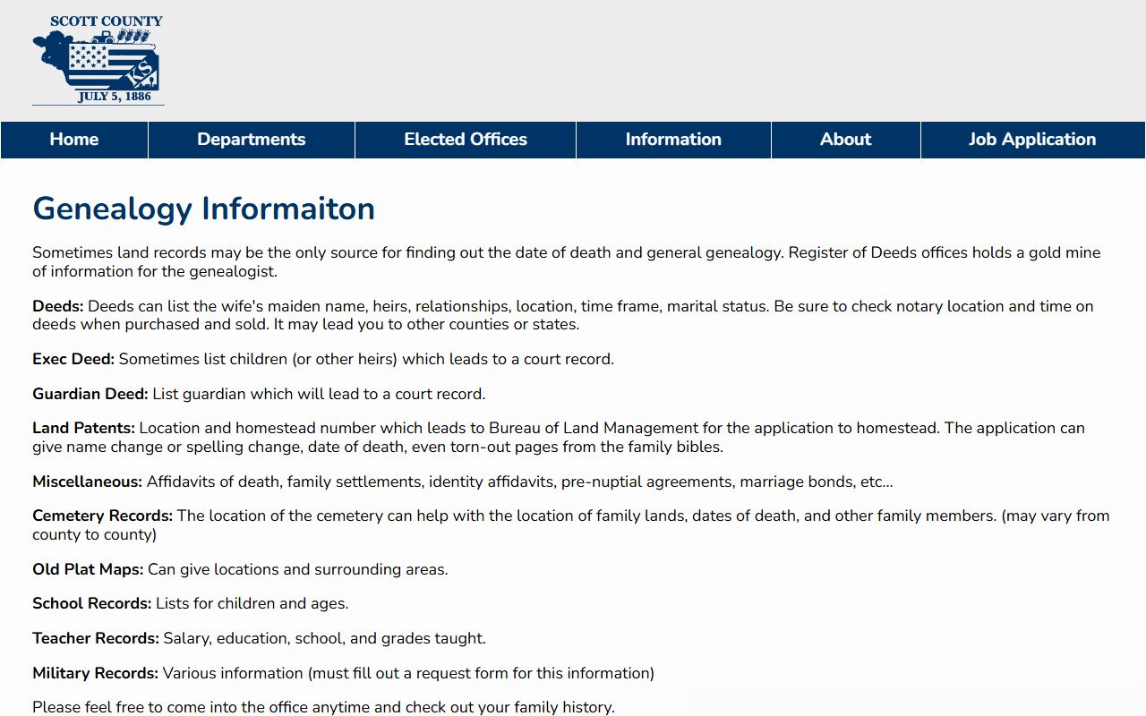 Scott County Clerk of the District Court register of deeds genealogy information