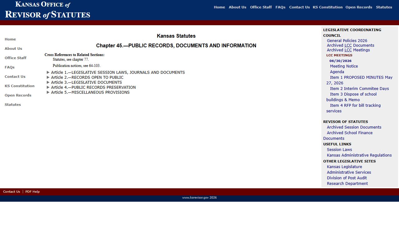 Scott County District Court Kansas Open Records Act chapter index