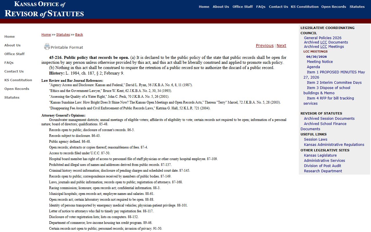 Scott County District Court K.S.A. 45-216 public records policy