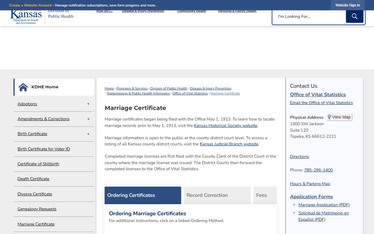 Scott County marriage records KDHE marriage certificate ordering
