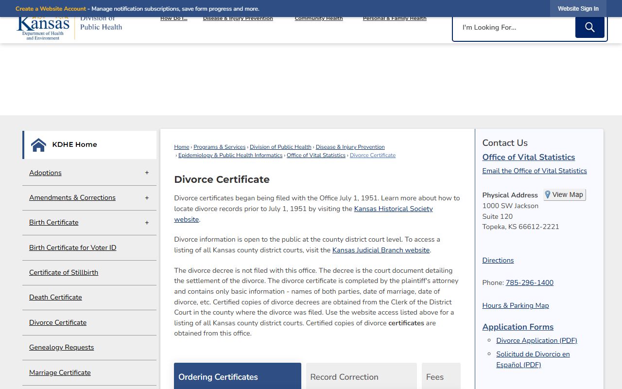 Scott County divorce records KDHE divorce certificate ordering