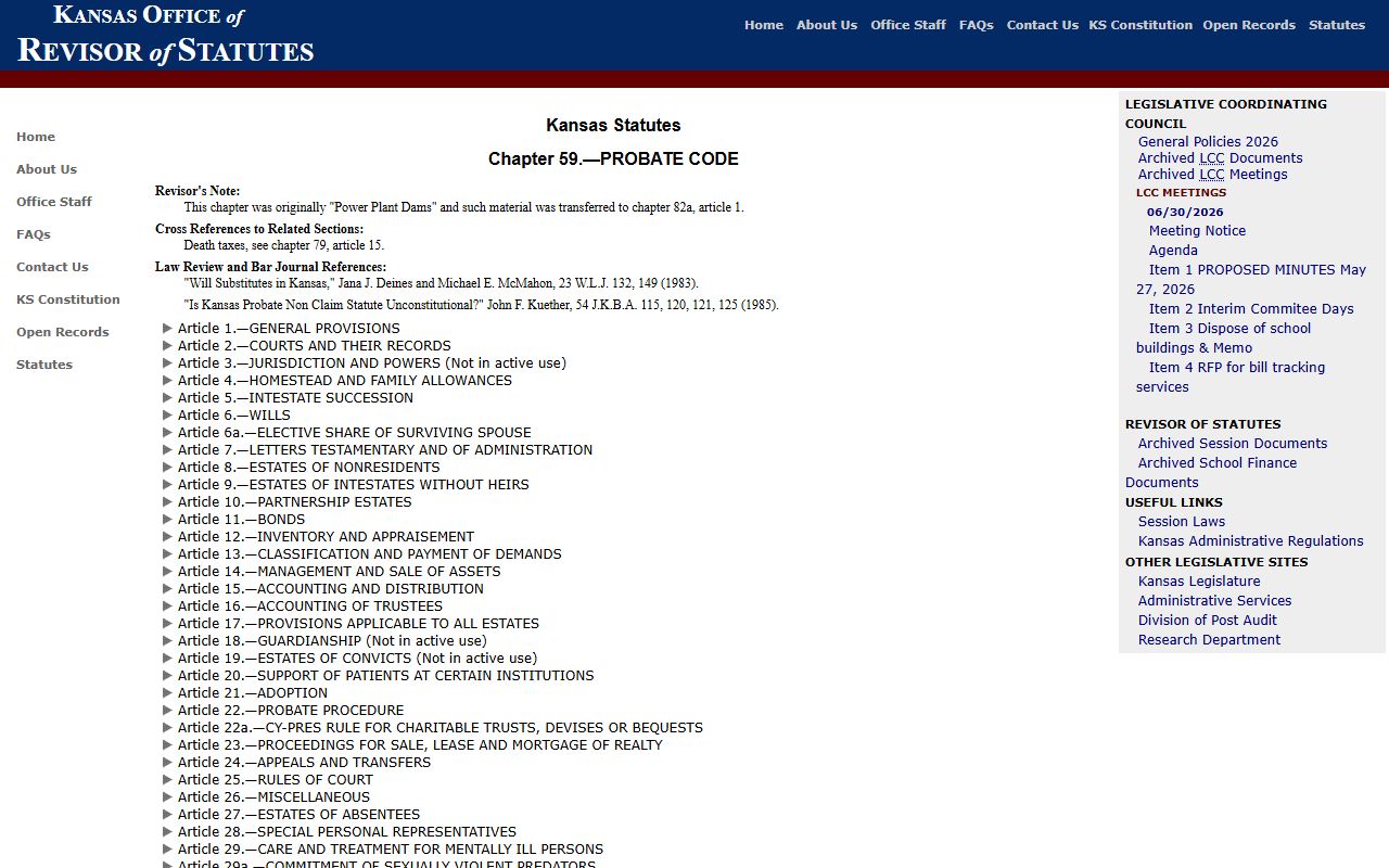Scott County probate records Kansas Probate Code chapter index